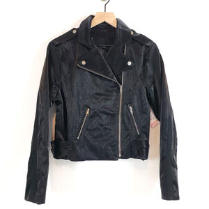 Vegan Black Faux Leather Moto Jacket Women's SIZE M Full Zip Pocket Long Sleeve